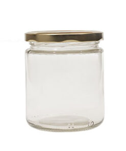 FRASCO VIDRIO 500 g / 390 ml REDONDO CON TAPA DORADA 82 mm - Bandeja 25 un