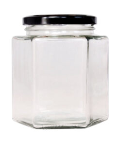 FRASCO VIDRIO HEXAGONAL CON TAPA METÁLICA NEGRA 1 kg / 730 ml- Caja 36 un