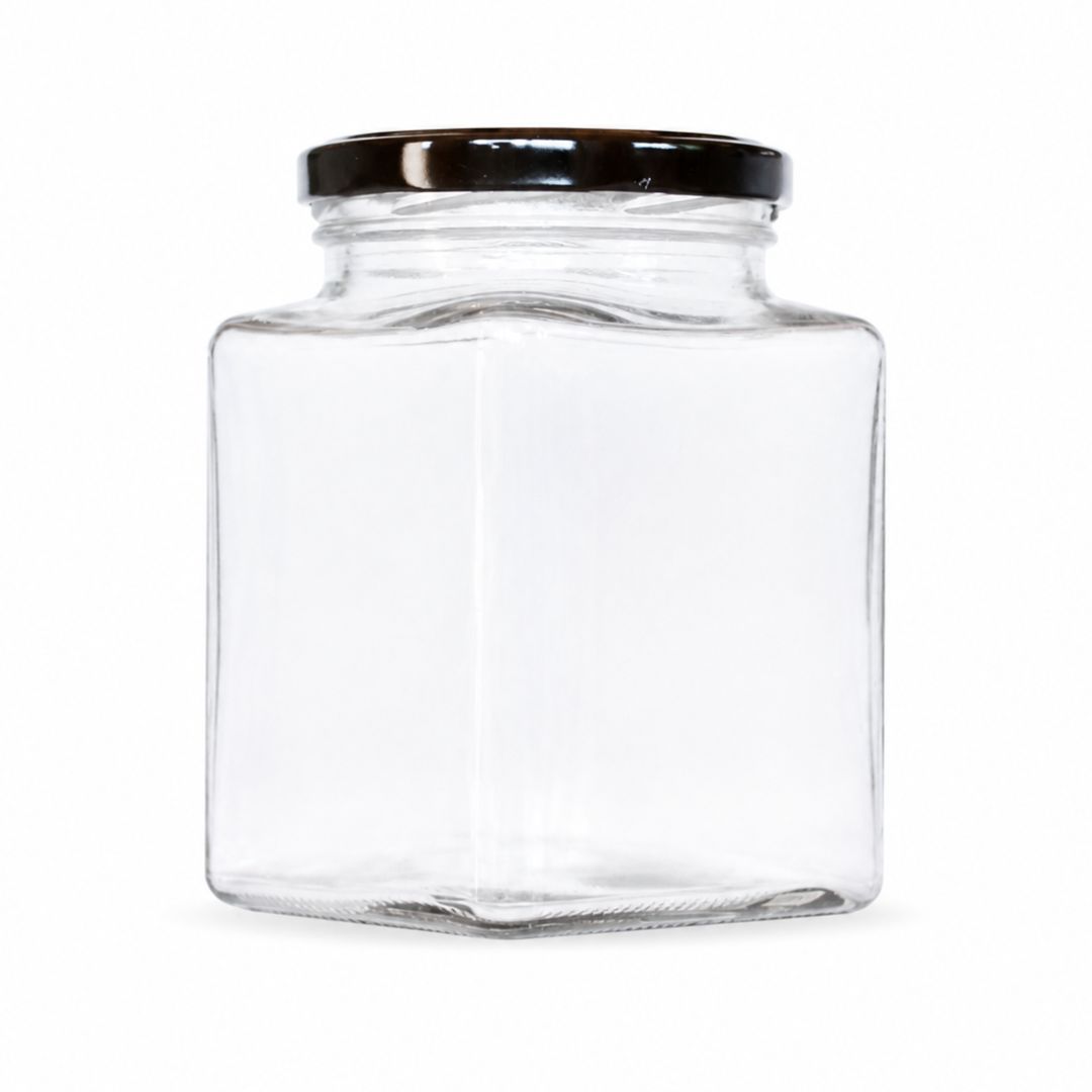FRASCO VIDRIO CUADRADO CON TAPA METALICA NEGRA O DORADA 1 kg / 730 ml- Caja 45 un