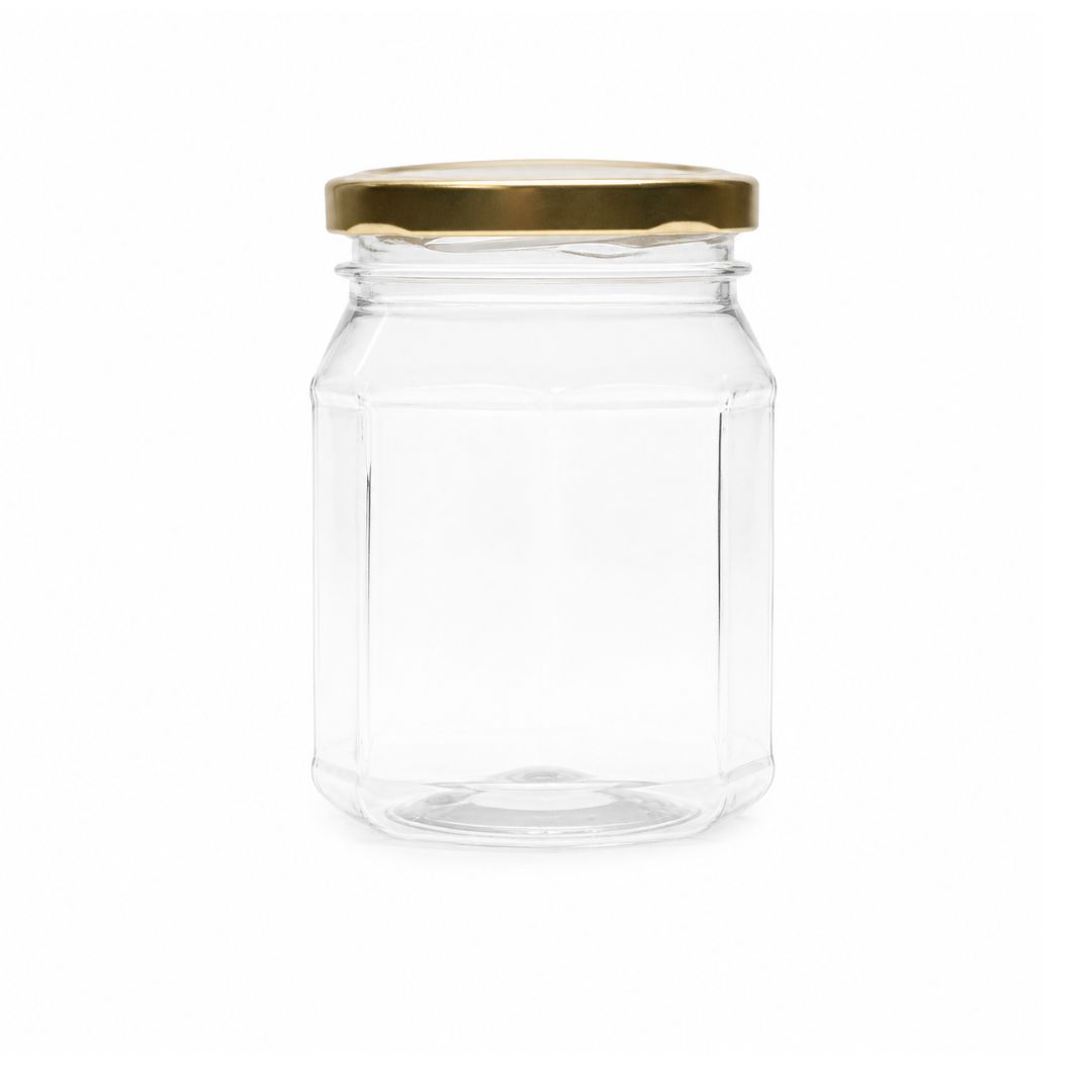 ENVASE PET OCTOGONAL CON TAPA DORADA 1/2 kg