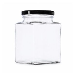 FRASCO VIDRIO CUADRADO CON TAPA METALICA NEGRA O DORADA 1 kg / 730 ml- PALLET 1430 und.