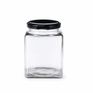 FRASCO VIDRIO CUADRADO CON TAPA METALICA DORADA O NEGRA 250 g/ 200 ml -CAJA 35 Unidades