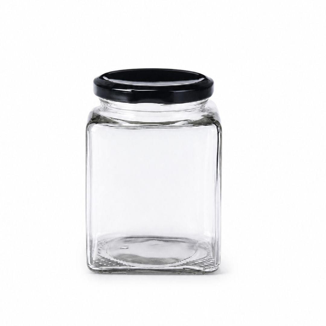 FRASCO VIDRIO CUADRADO CON TAPA METALICA DORADA O NEGRA 250 g/ 200 ml -CAJA 35 Unidades
