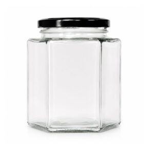 FRASCO VIDRIO HEXAGONAL CON TAPA METÁLICA NEGRA O DORADA 1 kg / 730 ml- PALLET 1143 UN