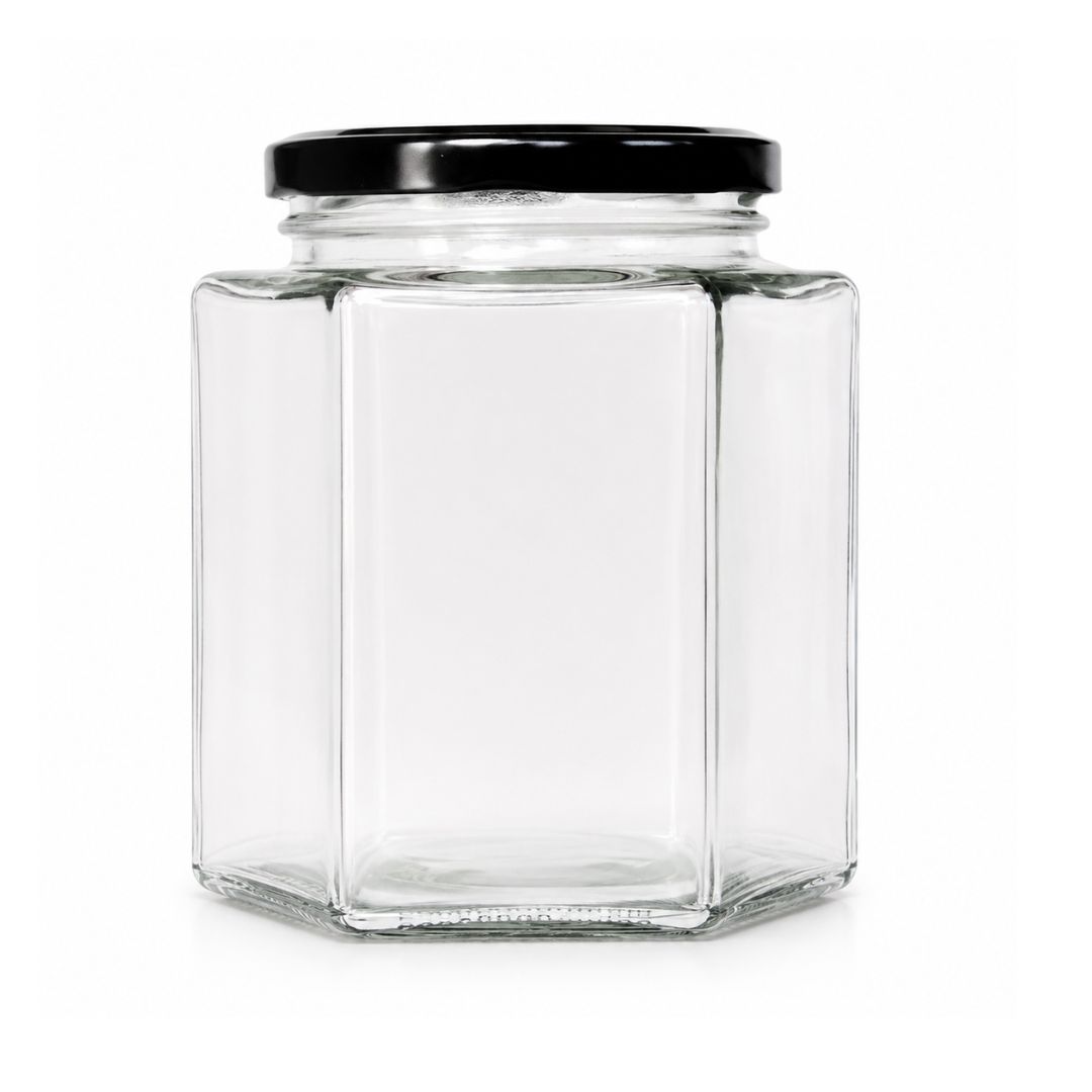 FRASCO VIDRIO HEXAGONAL CON TAPA METÁLICA NEGRA O DORADA 1 kg / 730 ml- Caja 45 un
