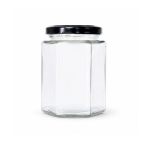 FRASCO VIDRIO HEXAGONAL CON TAPA METÁLICA NEGRA O DORADA 250 g / 180 ml - CAJA 35 Unidades