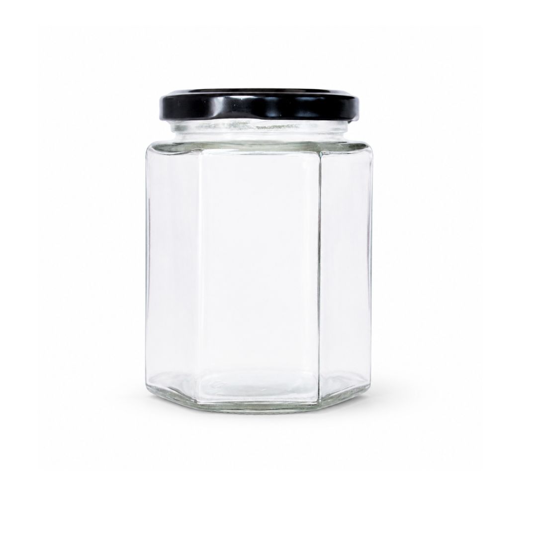 FRASCO VIDRIO HEXAGONAL CON TAPA METÁLICA NEGRA O DORADA 250 g / 180 ml - Pallet 4092 un