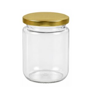 FRASCO VIDRIO CONSERVERO 240 ml/340 g CAJA 70 UN TAPA DORADA 63MM